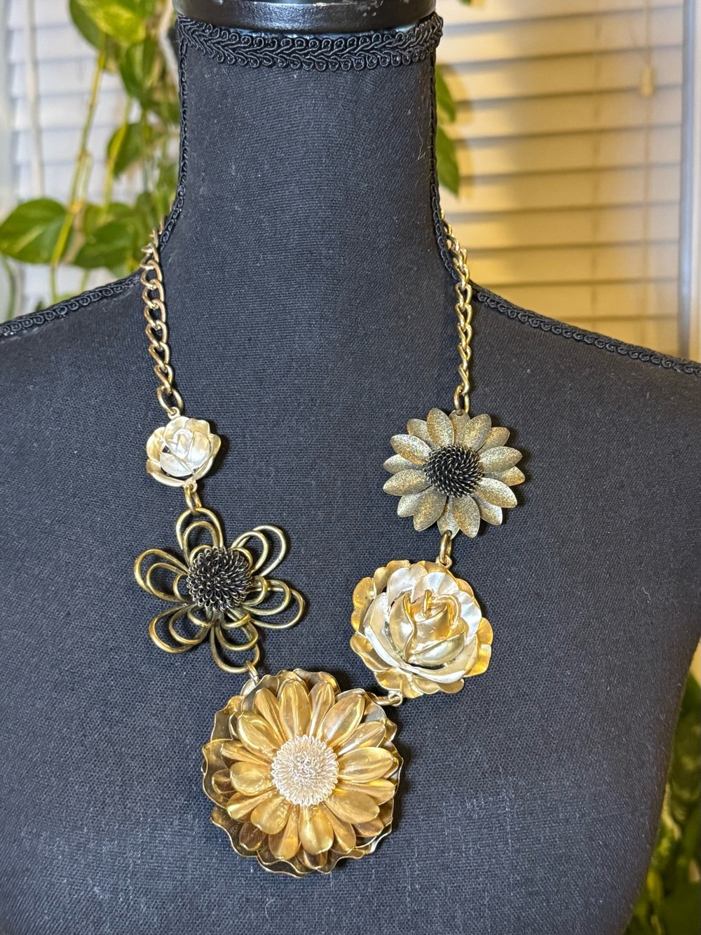 massive brass floral Tasha statement necklace. excellent condition.